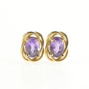 14K Oval Amethyst Solitaire Classic Twist Stud Yellow Gold Earrings